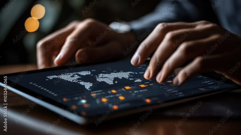 Close up of hands using tablet to monitor real time data and analytics Close up of hands using tablet to monitor real time data and analytics
