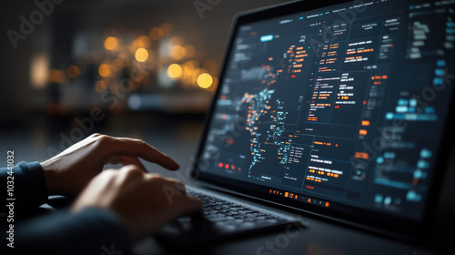 Real time data monitoring on laptop screen with hands typing
