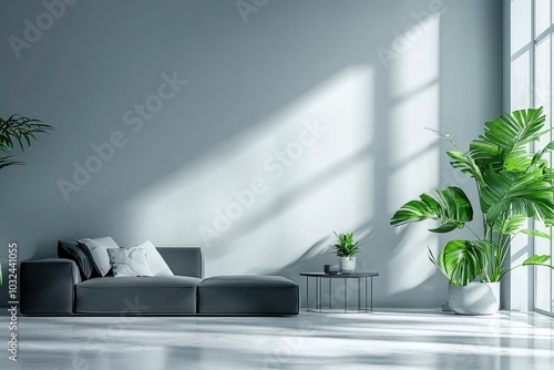 Modern Living Room with Gray Sofa  Plants  and Sunlight