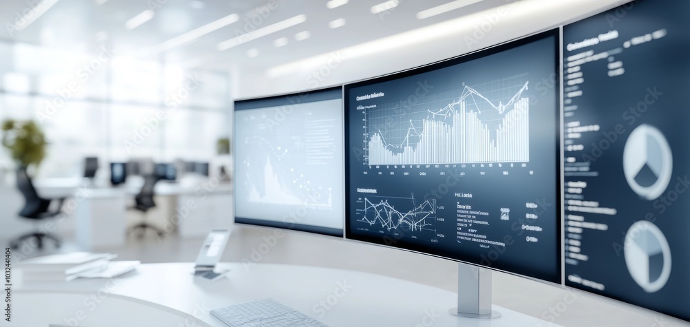 A sleek workspace features three monitors displaying various data visualizations and analytics, set in a modern, bright office environment. A sleek workspace features three monitors displaying various data visualizations and analytics, set in a modern, bright office environment.