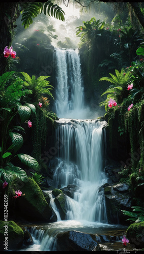 Cascading waterfall in a dense tropical rainforest