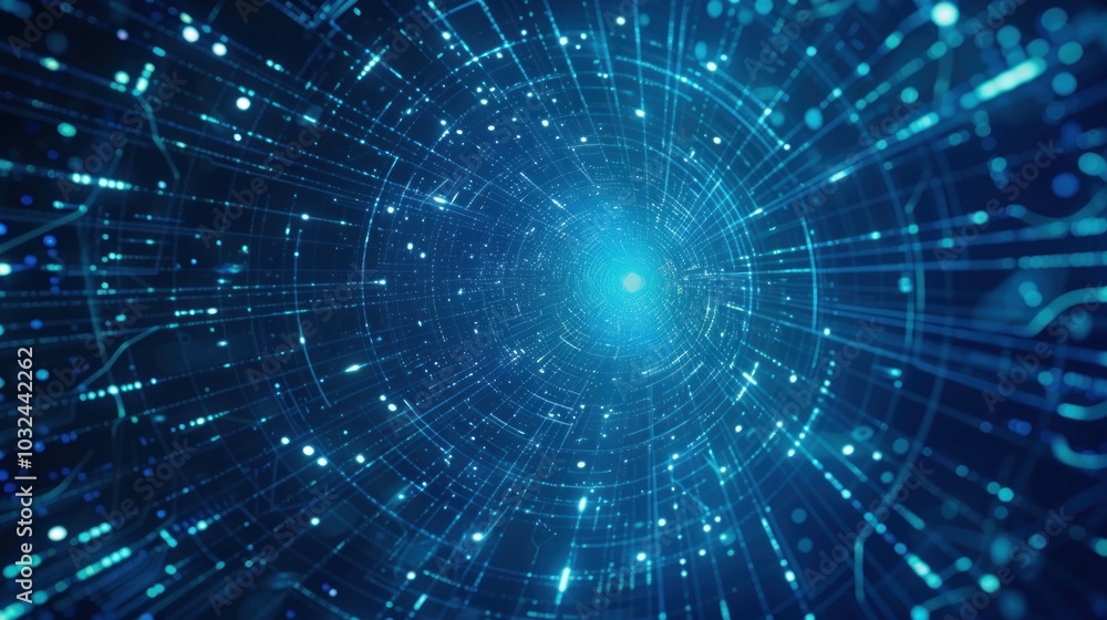 A blue lighted tunnel with a bright light at the end A blue lighted tunnel with a bright light at the end