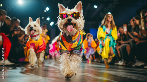 A pet fashion show runway with dogs dressed in vibrant, stylish outfits, walking with their owners in front of an enthusiastic audience