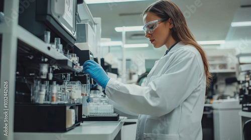 A pharmaceutical scientist working in a lab, analyzing samples and developing new medications using high-tech equipment