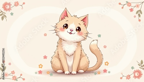 Cute cartoon kitten sitting with a happy expression surrounded by flowers for children's designs