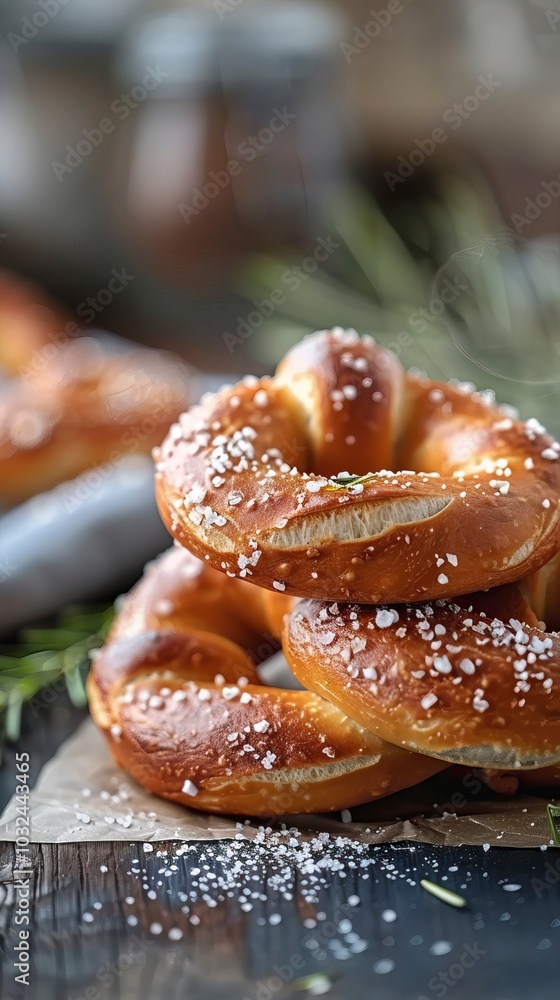 Freshly baked homemade soft pretzel with salt on rustic table, Thanksgiving day, Thanksgiving day celebration, Oktoberfest Freshly baked homemade soft pretzel with salt on rustic table, Thanksgiving day, Thanksgiving day celebration, Oktoberfest