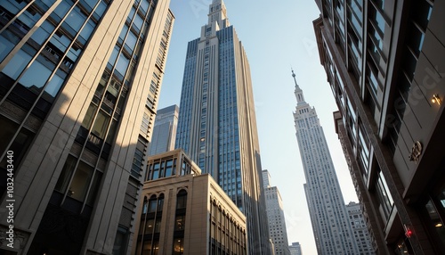 Tall skyscrapers in New York City with a clear blue sky and urban atmosphere