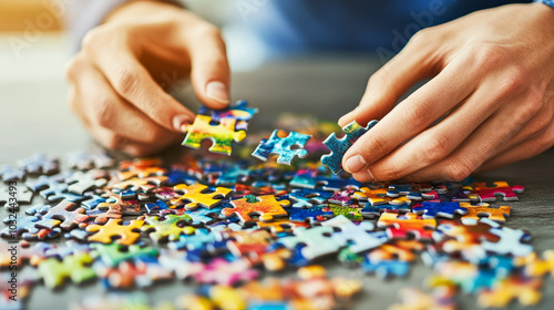 A puzzle enthusiast solving a complex jigsaw puzzle on a large table, with pieces scattered and the image slowly coming together