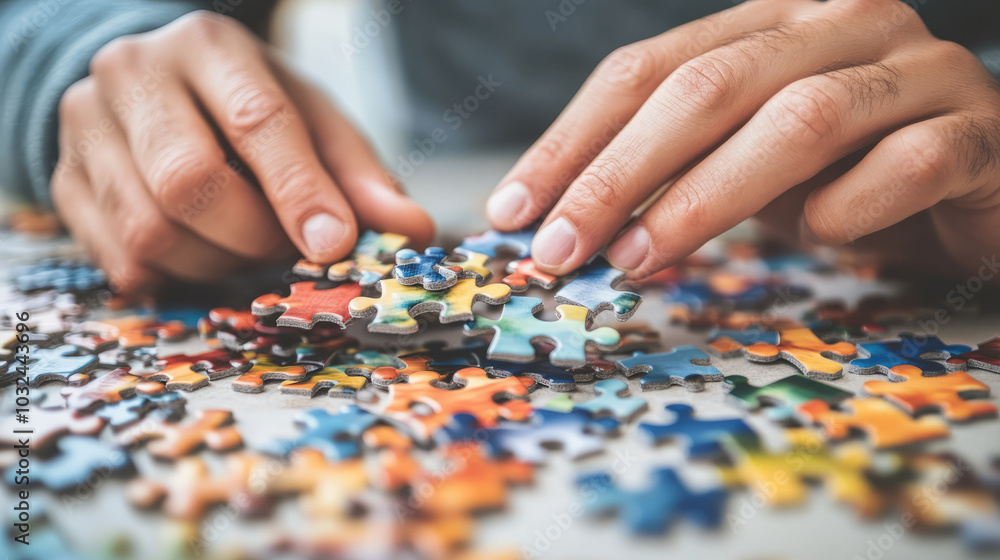 A puzzle enthusiast solving a complex jigsaw puzzle on a large table, with pieces scattered and the image slowly coming together A puzzle enthusiast solving a complex jigsaw puzzle on a large table, with pieces scattered and the image slowly coming together
