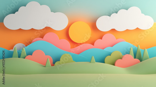 Colorful 3D cartoon landscape with mountains, clouds, and sun
