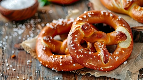 Freshly baked homemade soft pretzel with salt on rustic table, Thanksgiving day, Thanksgiving day celebration, Oktoberfest