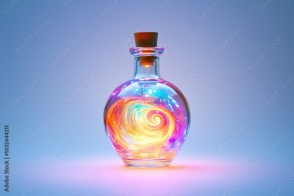 Glowing Liquid in Glass Bottle: Abstract Art with Cosmic Swirl Glowing Liquid in Glass Bottle: Abstract Art with Cosmic Swirl