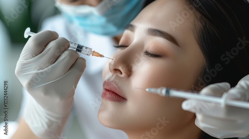 Asian girl at a beauty clinic receiving cosmetic surgery for skin whitening and rejuvenation, achieving a youthful appearance