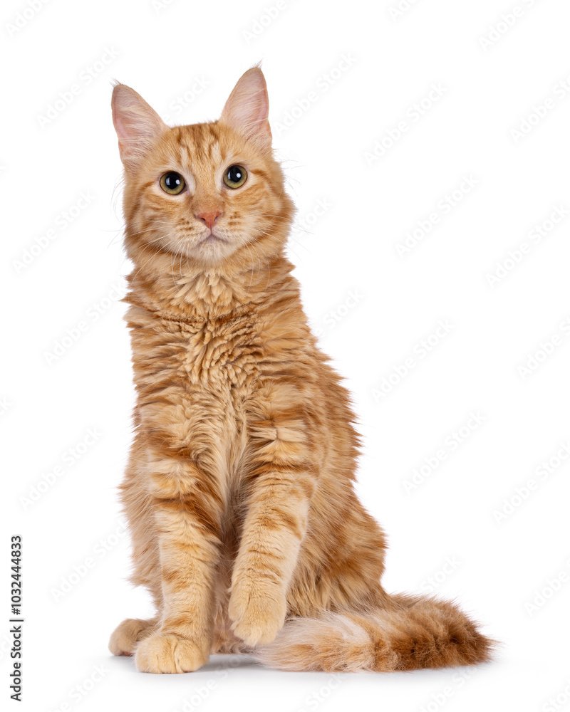 Young Aphrodite's Giant Longhair aka Cyrpus or Cypriot cat, sitting up facing front. Looking straight to camera. Isolated on a white background. Young Aphrodite's Giant Longhair aka Cyrpus or Cypriot cat, sitting up facing front. Looking straight to camera. Isolated on a white background.
