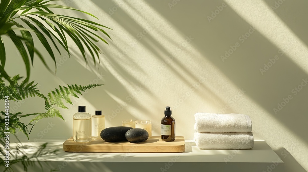 A spa-like setting with a wooden board holding two black stones, three bottles of clear liquid and a candle, with two white towels A spa-like setting with a wooden board holding two black stones, three bottles of clear liquid and a candle, with two white towels