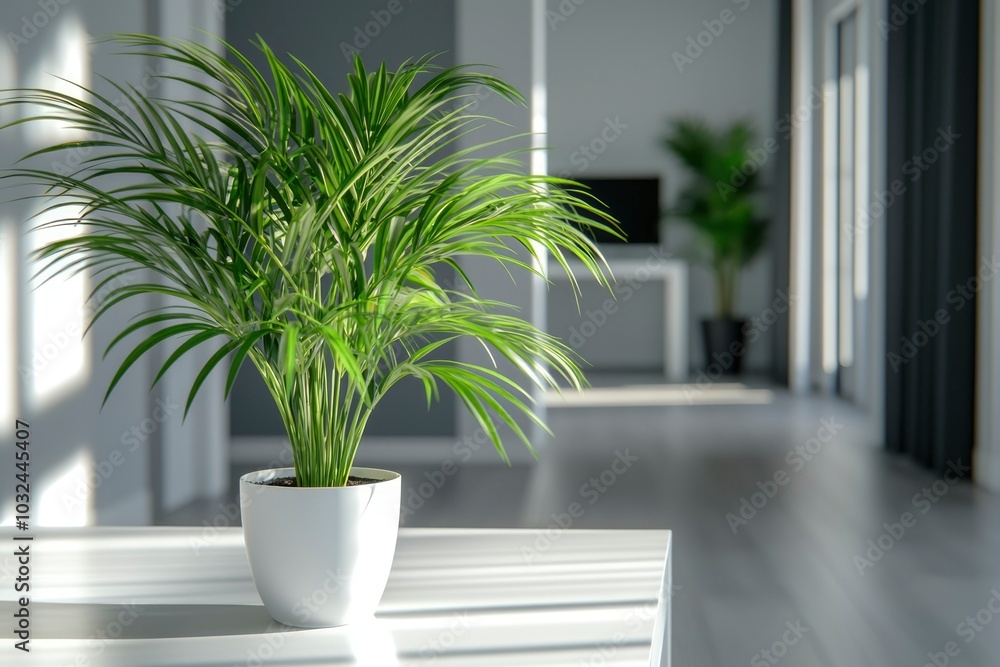 Green Plant in White Pot on White Table in Modern Interior Green Plant in White Pot on White Table in Modern Interior