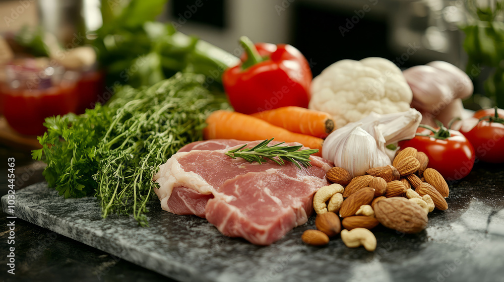 A selection of paleo diet foods, featuring lean meats, fresh vegetables, and nuts, artfully presented on a stone countertop with a fresh herb garnish A selection of paleo diet foods, featuring lean meats, fresh vegetables, and nuts, artfully presented on a stone countertop with a fresh herb garnish