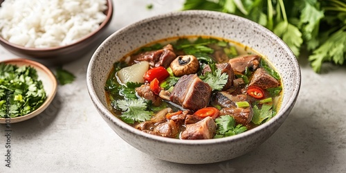 Thai Herbal Pork Rib Soup in a Rustic Bowl