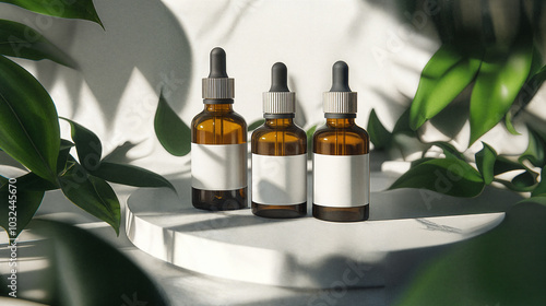 brown glass bottles with white labels and droppers, on a white marble surface surrounded by green leaves