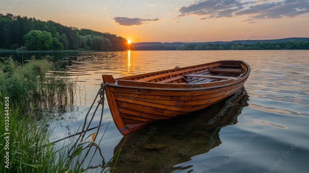 Fototapeta premium Serene Sunset Over a Calm Lake with a Boat