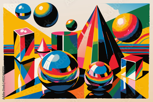 Vibrant Abstract Geometry Art with Colorful Shapes and Reflective Spheres