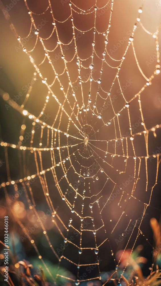 Close-up of a spider web covered in morning dew glistening in the sunlight Close-up of a spider web covered in morning dew glistening in the sunlight
