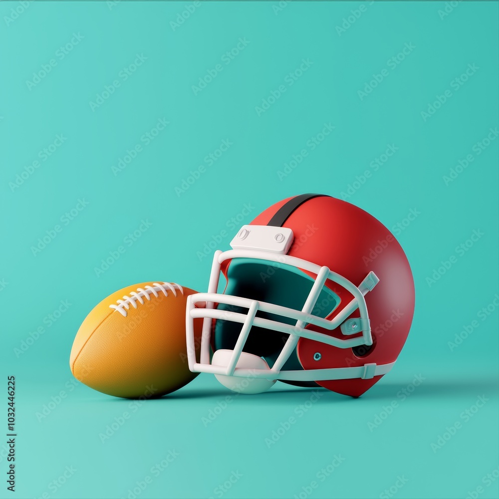 Graphic illustration of a football helmet and ball on a blue background, symbolizing sports and teamwork. Graphic illustration of a football helmet and ball on a blue background, symbolizing sports and teamwork.