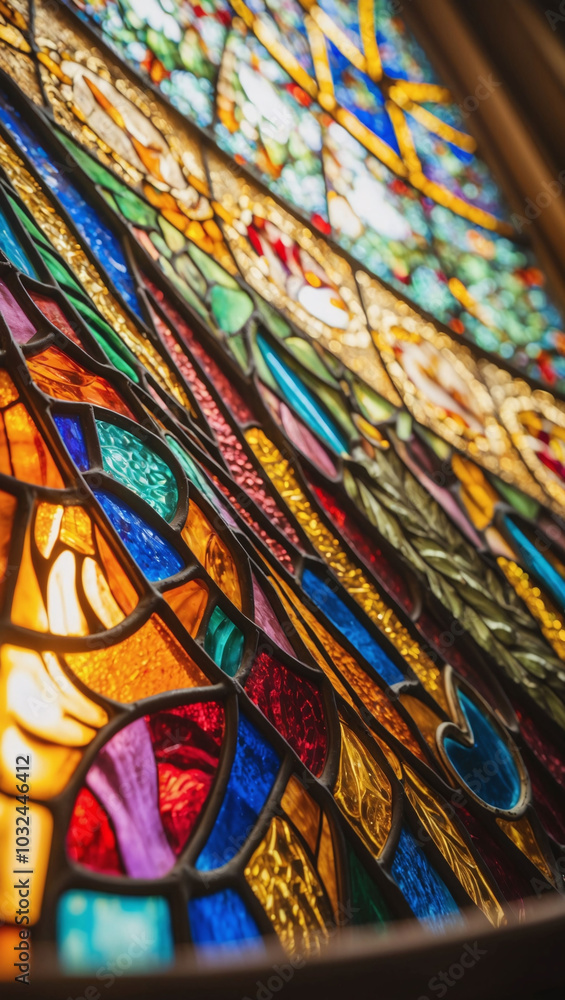 Close-up of an intricate stained-glass window with vibrant colors Close-up of an intricate stained-glass window with vibrant colors