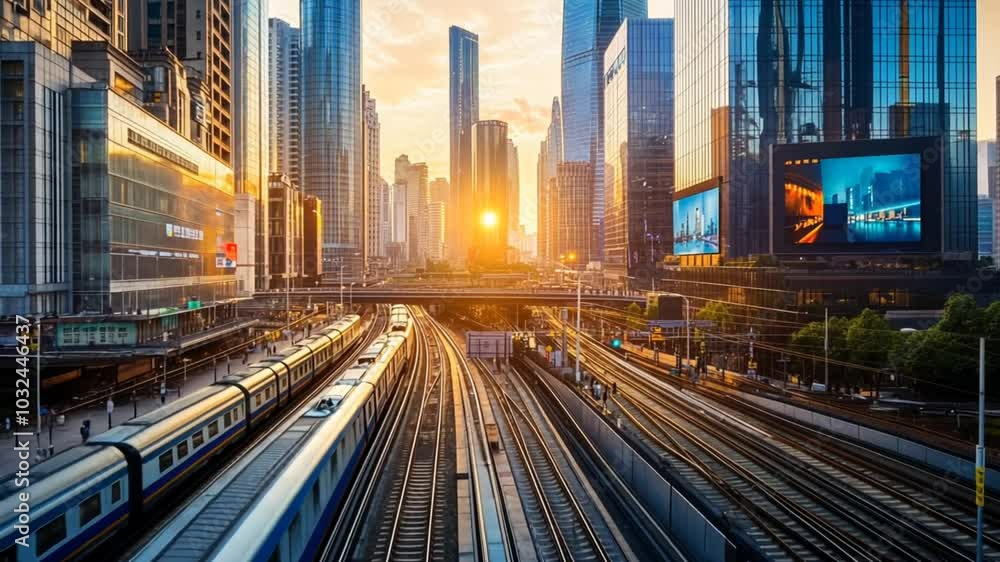 Futuristic train station with sleek architecture at sunrise. Transportation concept
Futuristic train station with sleek architecture at sunrise. Transportation concept
