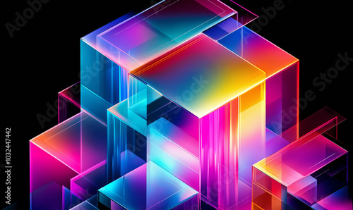 Abstract illustration of geometric shapes and structures in colorful neon colors and lights in cyberspace against dark background