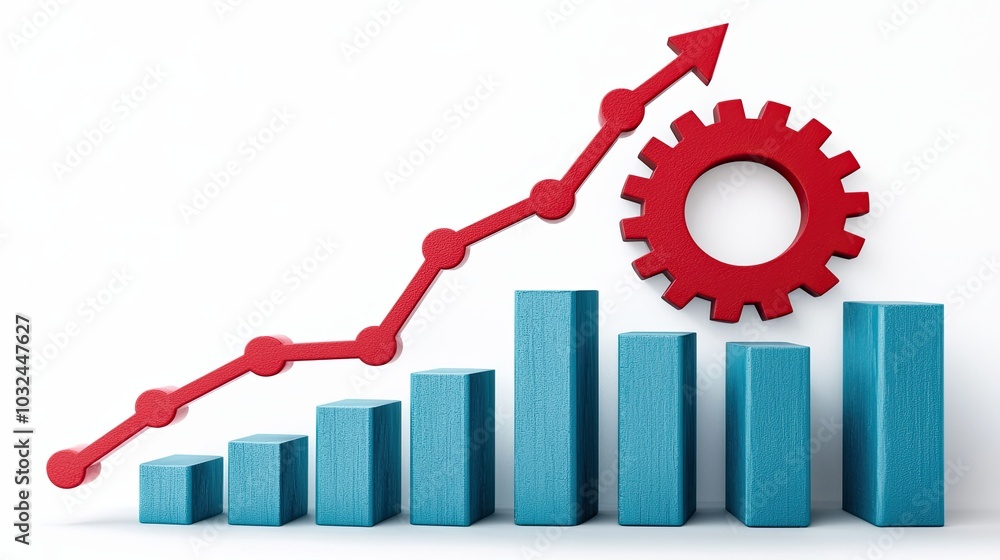 Rising bar graph with arrow and gear symbolizing growth and development Rising bar graph with arrow and gear symbolizing growth and development