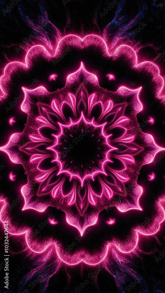 Glowing neon mandala pattern on a black background radiating intricate details Glowing neon mandala pattern on a black background radiating intricate details
