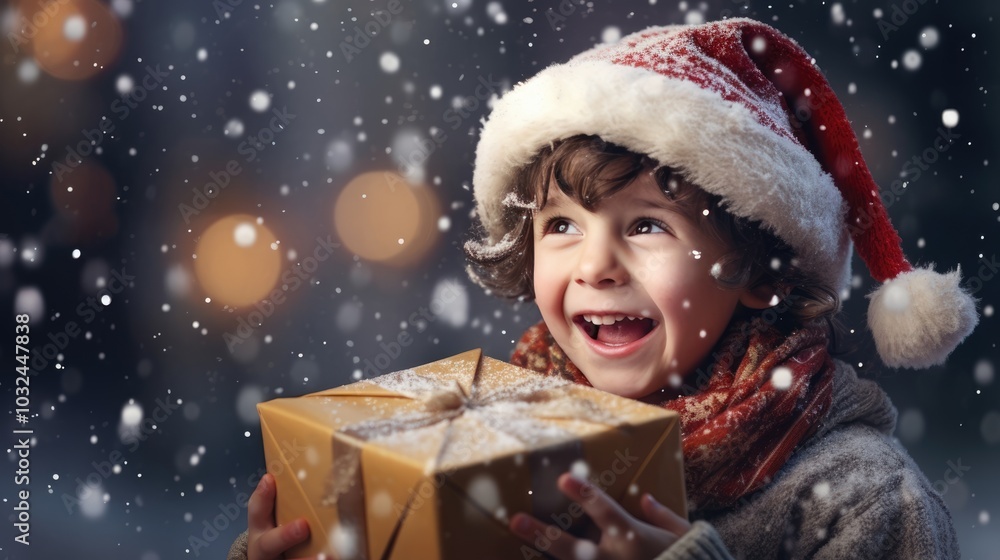 Cute little boy wearing red hat and holding gift box. Christmas and New Year concept. Copy space. Cute little boy wearing red hat and holding gift box. Christmas and New Year concept. Copy space.