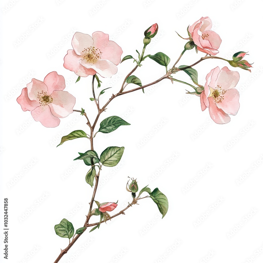 Watercolor wild rose branch, gentle, elegant on white background Watercolor wild rose branch, gentle, elegant on white background