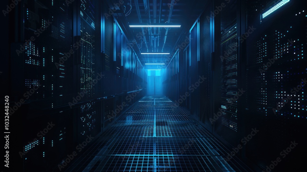 A long, dark hallway with blue lights shining down on the floor A long, dark hallway with blue lights shining down on the floor