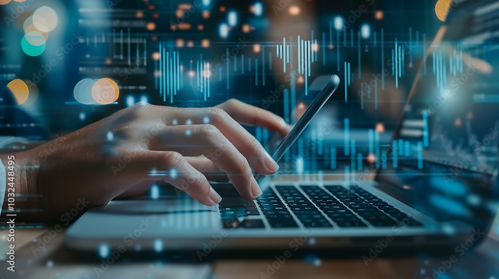 Close-up view of hands typing on a laptop while holding a smartphone, with financial graphs and data charts overlaid in the background in a modern office setting Close-up view of hands typing on a laptop while holding a smartphone, with financial graphs and data charts overlaid in the background in a modern office setting