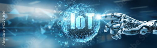 Robot hand touching global network connection on technology and futuristic platform, showcasing the power and potential of the Internet of Things in transforming industries and everyday life.