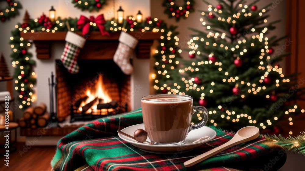 Cozy Christmas setting with a warm drink by the fireplace and decorated tree. Cozy Christmas setting with a warm drink by the fireplace and decorated tree.