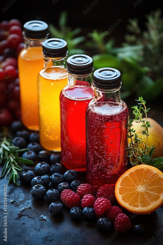 Colorful fruit juices in bottles, surrounded by fresh fruits and herbs Colorful fruit juices in bottles, surrounded by fresh fruits and herbs