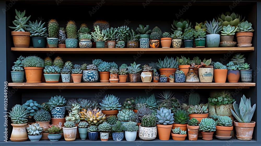 A collection of succulents in various pots on wooden shelves. A collection of succulents in various pots on wooden shelves.
