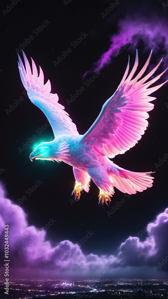 Glowing neon eagle soaring through the night sky with glowing eyes and vibrant feathers Glowing neon eagle soaring through the night sky with glowing eyes and vibrant feathers