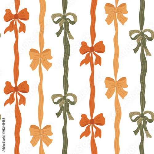 Cute bow knots and gift ribbons striped seamless pattern. Hand drawn hair accessories in autumn colors. Vector cartoon wallpaper, textile design, gift paper, repeat background, print.