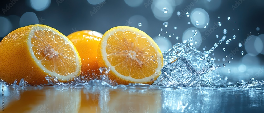 Fresh lemons with ice cubes splashing into water, vibrant and refreshing