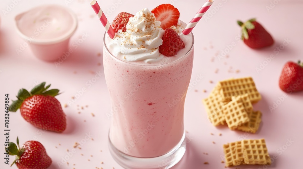 A strawberry milkshake with whipped cream, strawberries, and waffle cone pieces on a pink background. A strawberry milkshake with whipped cream, strawberries, and waffle cone pieces on a pink background.
