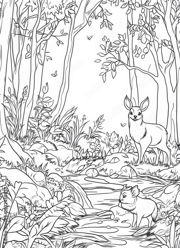 Fototapeta premium Deer among trees in the forest on a children's coloring page with nature and forest scene details.