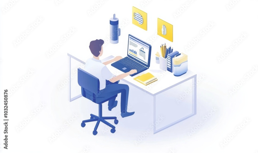 simple Isometric infographic of a businesspersonsitting at a desk, working with laptop and marketing materials. simple Isometric infographic of a businesspersonsitting at a desk, working with laptop and marketing materials.