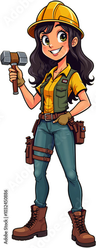 Cartoon character of a young woman with dark hair, wearing a yellow hard hat and a green vest over a denim shirt, holding a hammer. Isolated on transparent background.