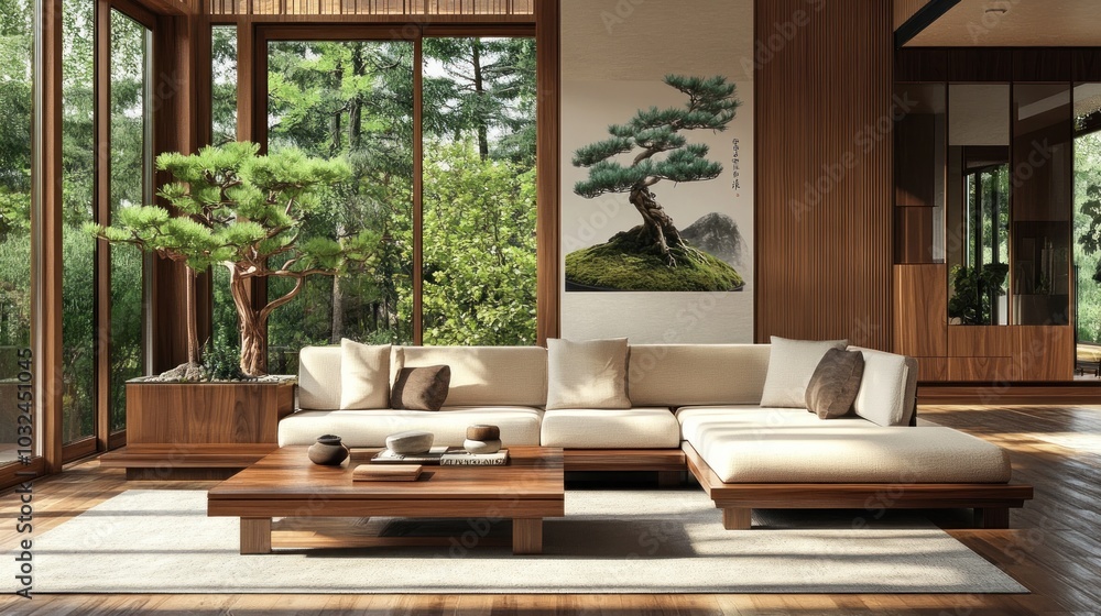 A serene living room with natural light, wooden elements, and a bonsai tree for tranquility. A serene living room with natural light, wooden elements, and a bonsai tree for tranquility.