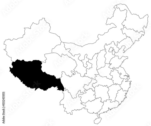 Wallpaper Mural Map of Tibet autonomous region in China country on white background. single province map highlighted by black colour on China map. East Asia, CN, people's republic of China, PRC Torontodigital.ca