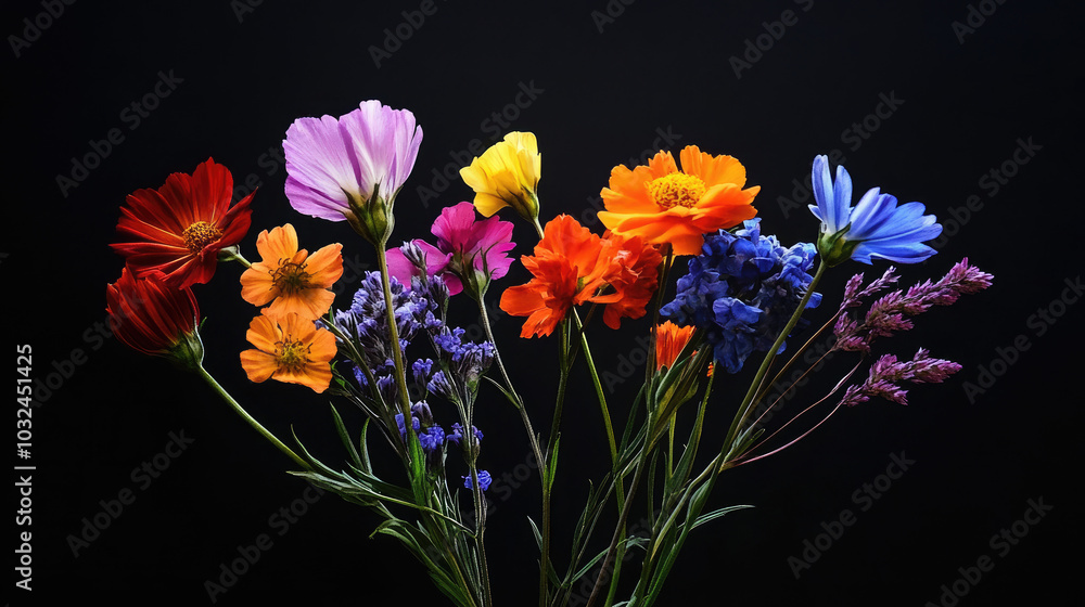 A wildflower bouquet of different colors, each bloom distinct and radiant, set against a dramatic black background, creating a vivid visual pop. A wildflower bouquet of different colors, each bloom distinct and radiant, set against a dramatic black background, creating a vivid visual pop.